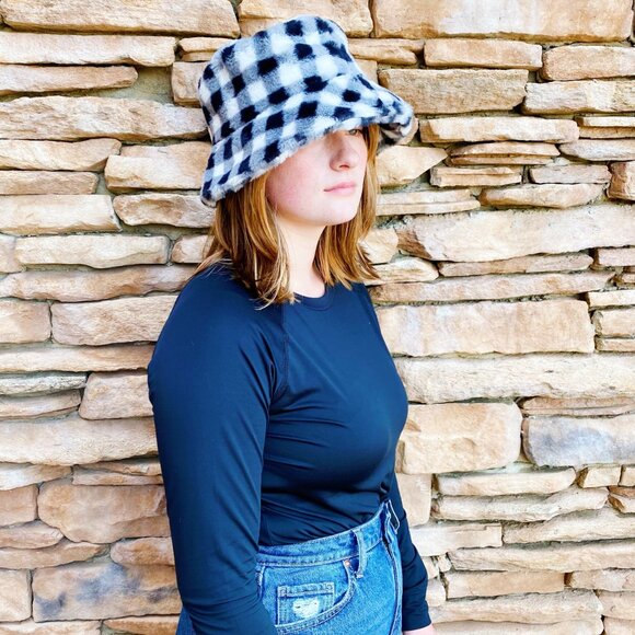 Super Cozy Checkered Bucket Hat - Black - Picture 1 of 7